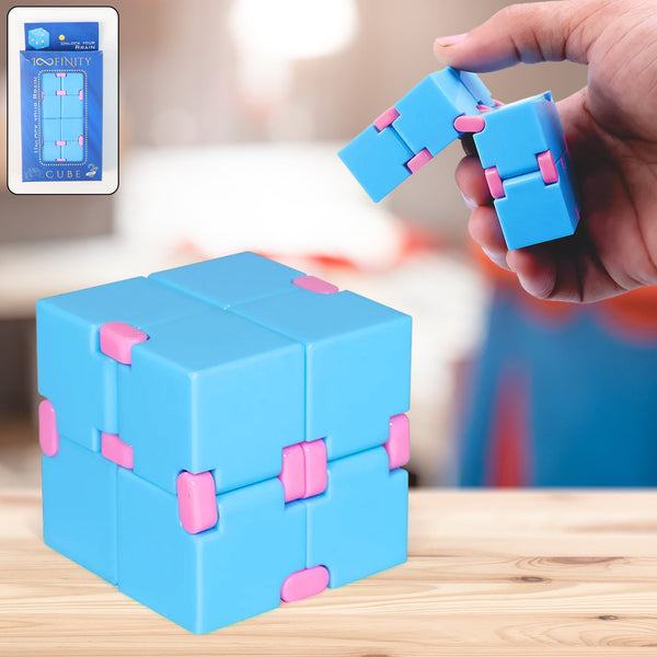 Blue and pink Infinity Cube fidget toy for stress relief and hand exercise
