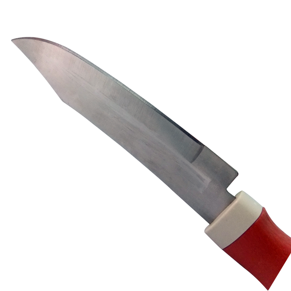Small ceramic kitchen knife with a white blade and black protective cover for safe storage.