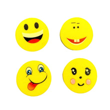 Four individual yellow round emoji erasers display different facial expressions on a white background.