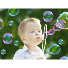 Clear bottle of Bubble Gun Liquid Refill, showing transparent bubble solution.