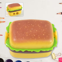 Burger shape double hole sharpener with eraser top view showing colorful design
