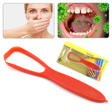 Hand holding the MintGuard plastic tongue cleaner, ready for daily use to enhance fresh breath.
