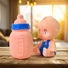 Aditi baby squeeze toy set with a yellow baby figure and milk bottle.