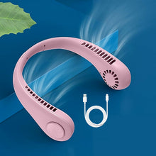 A pink bladeless neck fan and white USB cable on a blue background with a green leaf in the corner.