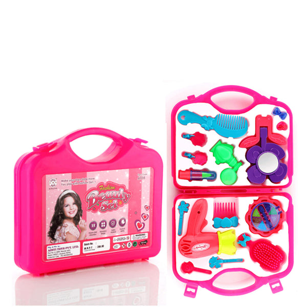 Girls' pretend Kids Makeup Set in a vibrant foldable suitcase.