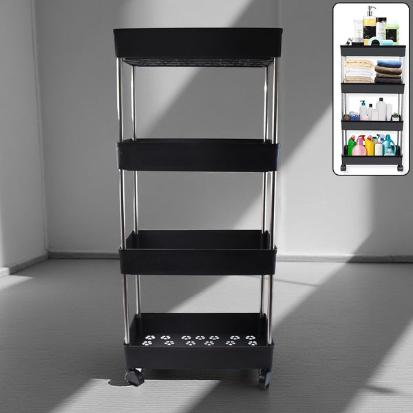 Movable storage rack trolley with four layers for kitchen and bathroom organization