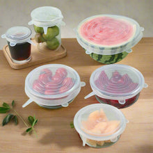 A set of six flexible silicone food covers in various sizes, perfect for eco-friendly food storage.