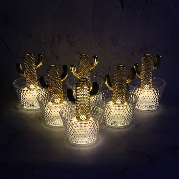 Six gold cactus LED lights in clear textured pots glow in a dark setting.