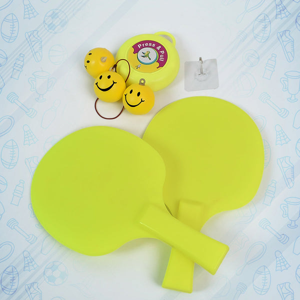 Portable hanging table tennis trainer set with three balls, ready for indoor play.