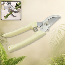 Ergonomic handle and safety lock mechanism on the gardening pruning shears.