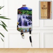 Vertical wooden wall decor with scenic art and integrated hanging hooks.