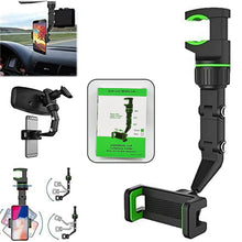 A collage showing the phone holder in use in a car, its packaging, and various angles of the holder itself