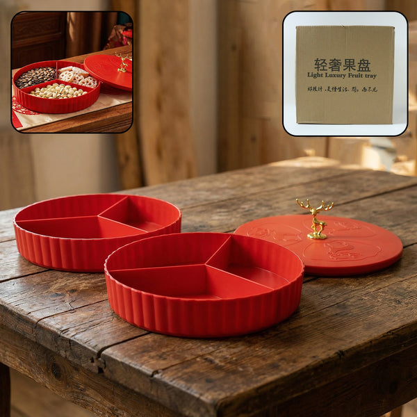 2 layer dry fruit serving tray with decorative lid and partitions