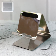 Universal stainless steel mobile and tablet stand holder front view with stable triangular design