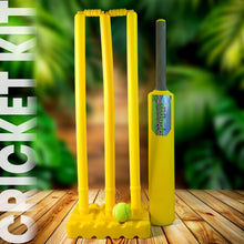 Portable plastic cricket set demonstrating its compact design for easy storage and travel.