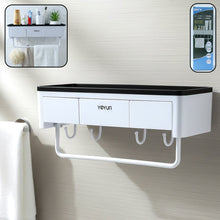Wall mounted bathroom storage rack organizer with shelf and hooks