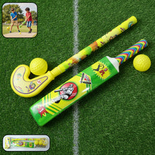Kids Sports Combo Set featuring a plastic cricket bat, ball, and hockey stick.