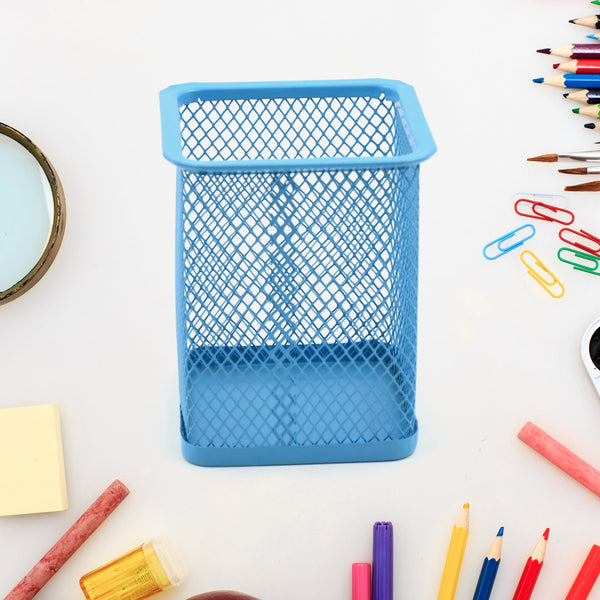 Sleek black metal mesh pen holder for a tidy office desk.