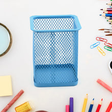 Sleek black metal mesh pen holder for a tidy office desk.