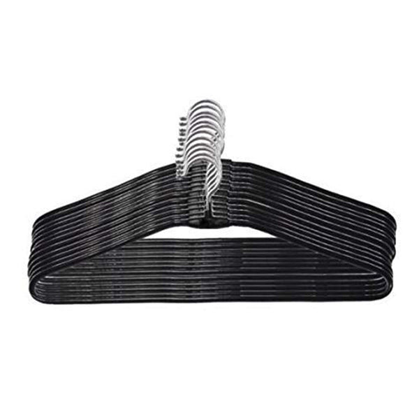 A pack of ten sleek stainless steel hangers displayed neatly against a white background.