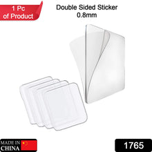 Four clear square adhesive stickers are shown, with one peeling up to reveal its double-sided nature.