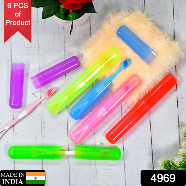 Six colorful toothbrush cases and one toothbrush are arranged on a white wooden surface, with a red "6 PCS of Product"