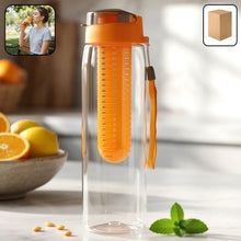 Transparent fruit infuser water bottle with orange lid for healthy hydration