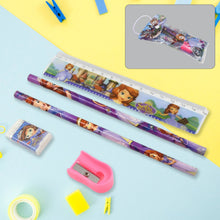A Sofia the First themed stationery set with two pencils, a ruler, an eraser, and a pink sharpener on a blue and yellow