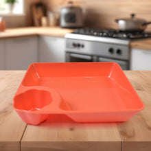 Plastic plate with integrated dipping saucer for snacks and parties
