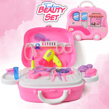 Kids' pretend play makeup kit in a portable pink wheel suitcase.
