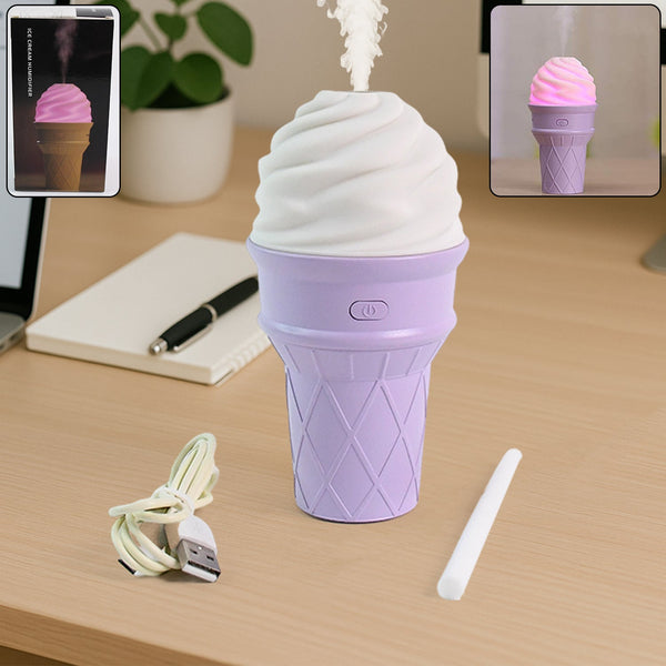 Purple ice cream cone humidifier with LED light on a desk
