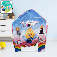 Child playing in a colourful school-themed kids play tent house.