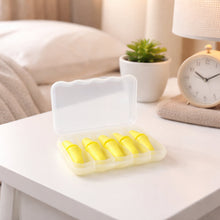 Soft reusable foam ear plugs with compact storage case laid out