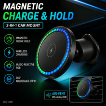A promotional image of the black magnetic car charger with RGB lights and features listed, including air-vent installation.