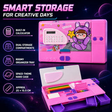 Infographic showcasing the pink pencil box's smart storage features, including a calculator and multiple compartments.