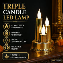 A golden triple LED flameless candle lamp with text highlighting its flameless, battery-operated features.