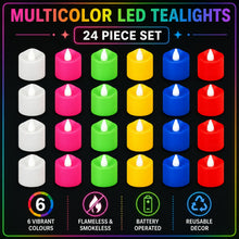 A graphic displaying twenty-four multicolor LED tealight candles with icons highlighting features like 6 vibrant colors,