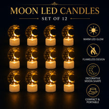 Grid of twelve crescent moon shaped flameless LED candles with gold tops and white bases, with feature icons on the right.