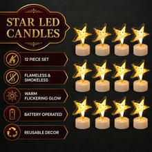 Graphic with twelve glowing star LED candles and text highlighting features like 'Flameless & Smokeless' and 'Battery
