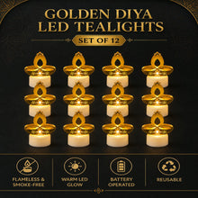 Twelve golden diya LED tealight candles with white bases, arranged in three rows of four, glowing against a dark background