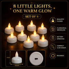 A graphic displaying eight lit LED tealight candles, with features like realistic flicker, flameless, and compact size.