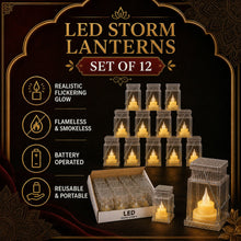Twelve clear plastic lanterns with LED candles and a box of lanterns on a dark background with product features.