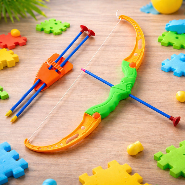 A complete Kids Archery Set featuring a yellow plastic bow, three arrows, and a vibrant target board.