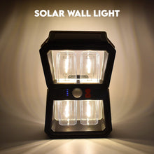 Solar Wall Lantern with motion sensor illuminating an outdoor space at dusk.