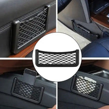 A collage of four images showing the black mesh organizer in different car locations with items.