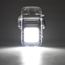 Portable electric lighter with 3-mode COB flashlight illuminating a dark area.