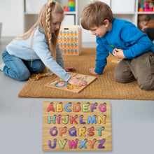 Top-down view of the non-toxic wooden alphabet and shapes puzzle set.