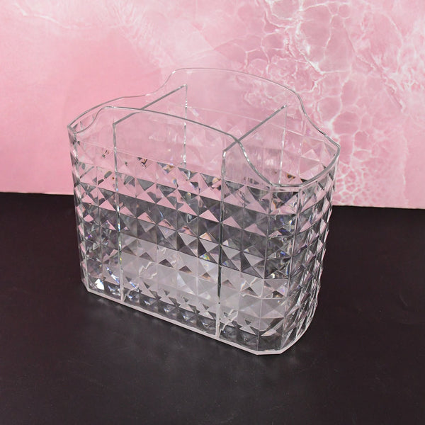 Multipurpose clear organizer holder with multiple compartments showing crystal texture