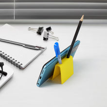 Compact plastic mobile phone stand showing pen holder slots and vibrant colors