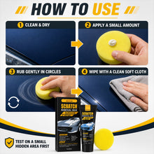 Four step guide showing how to clean, apply, rub, and wipe car scratch removal wax on a blue car.